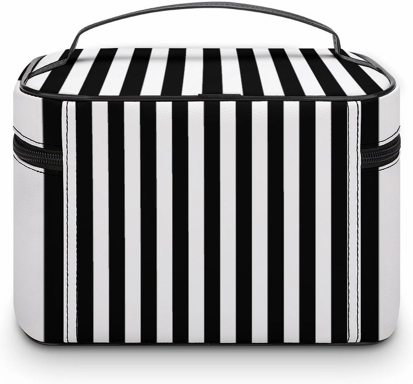Leather Cosmetic Case, Stripe Black White Portable Makeup Bag Organizer Large Capacity Travel Toiletry Bag with Zipper