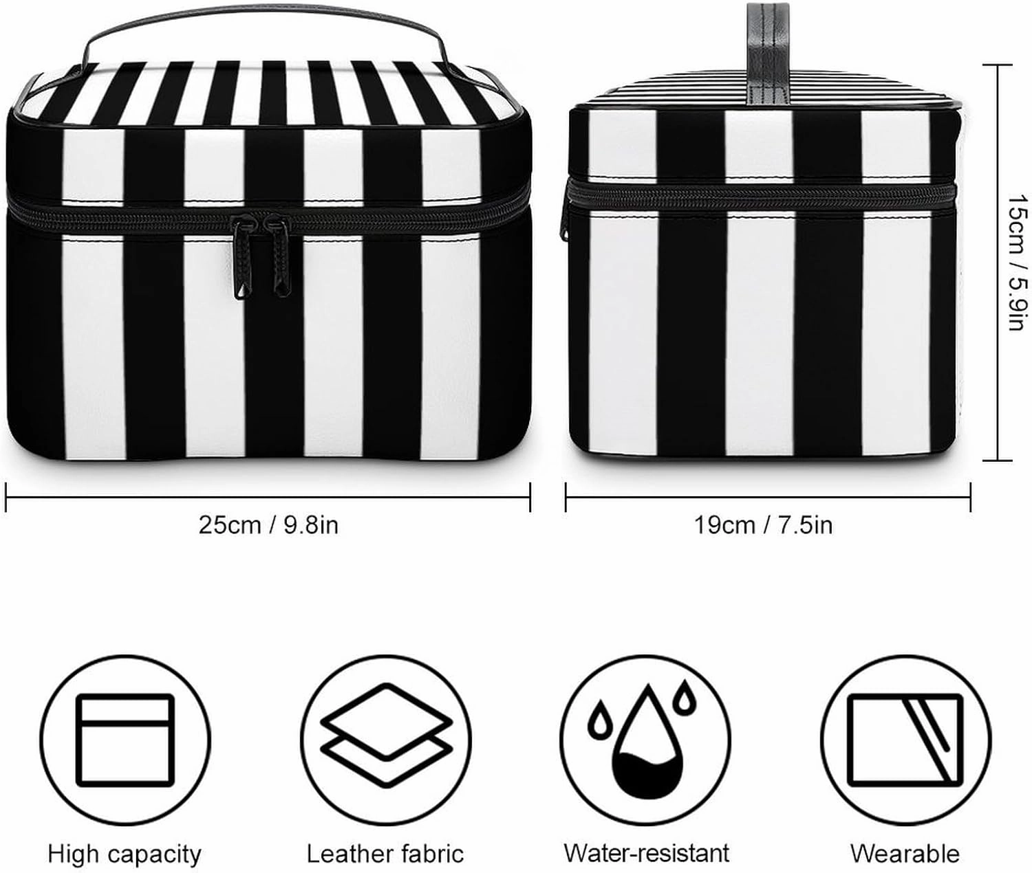 Leather Cosmetic Case, Stripe Black White Portable Makeup Bag Organizer Large Capacity Travel Toiletry Bag with Zipper