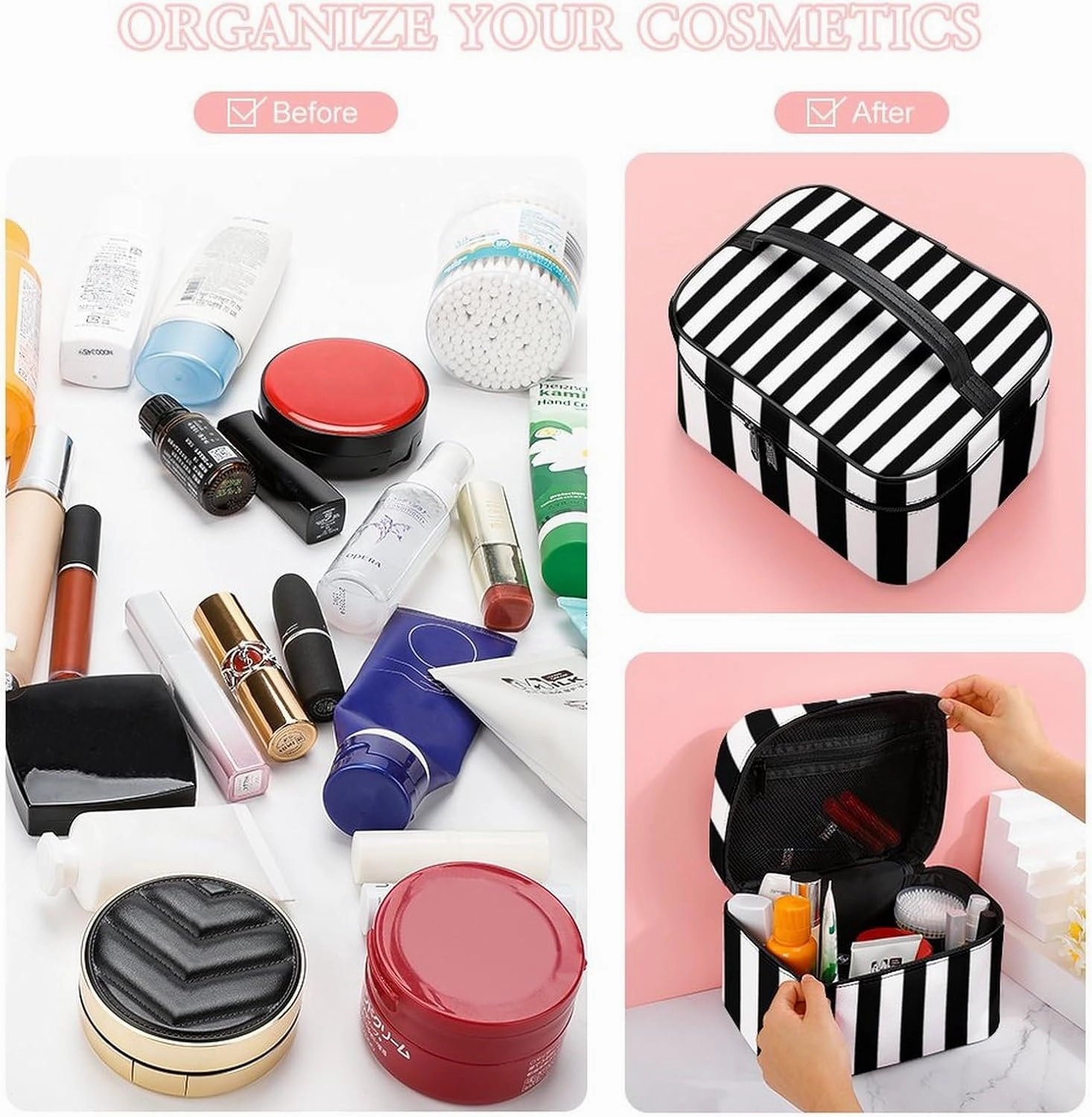 Leather Cosmetic Case, Stripe Black White Portable Makeup Bag Organizer Large Capacity Travel Toiletry Bag with Zipper