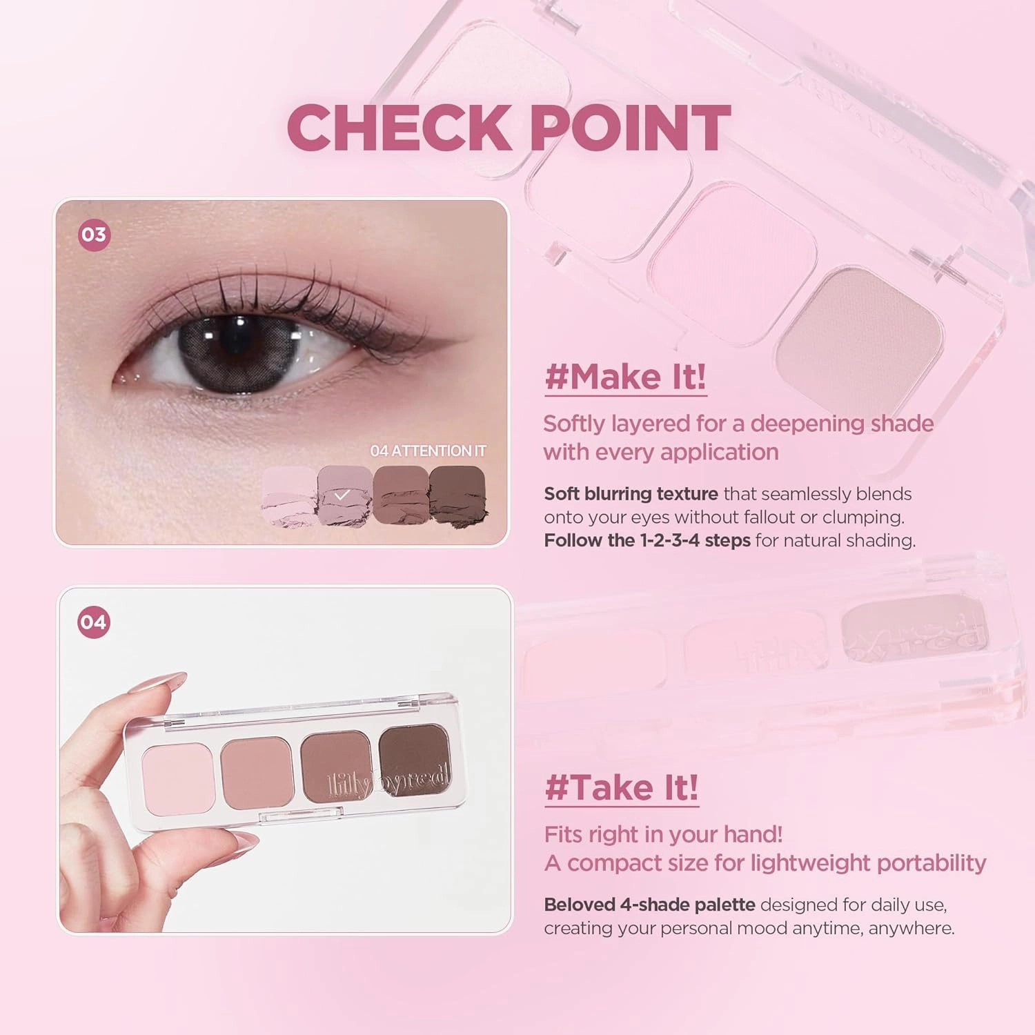 lilybyred Mood It Palette | 4-Shade Korean Eyeshadow Palette, Pre-Matched Personal Tone, Soft Blending, Buildable Coverage, Matte & Shimmer Finish, Daily Wear, Compact Size (04 Attention It)
