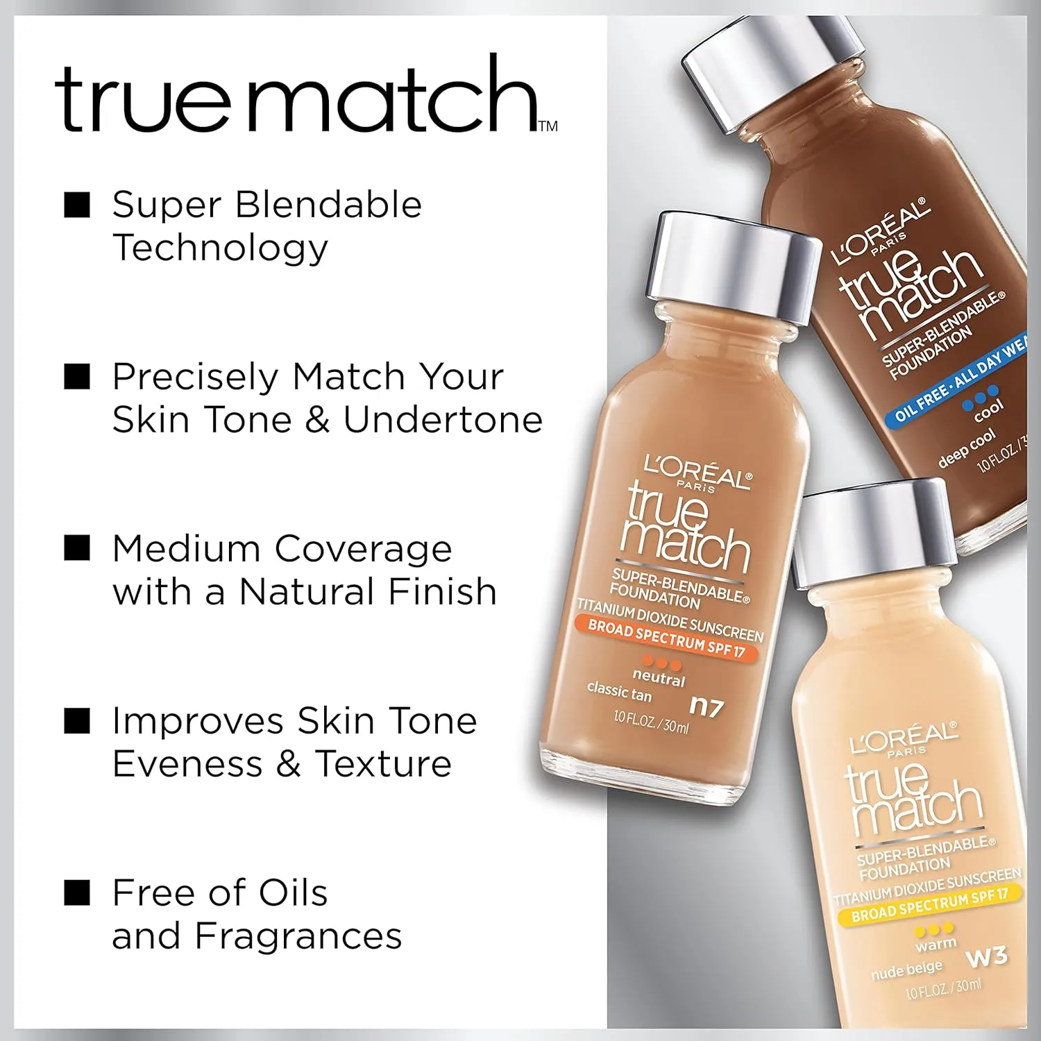 L’Oréal Paris Makeup True Match Super-Blendable Liquid Foundation, Cream Ivory W0.5, 1 Fl Oz,1 Count