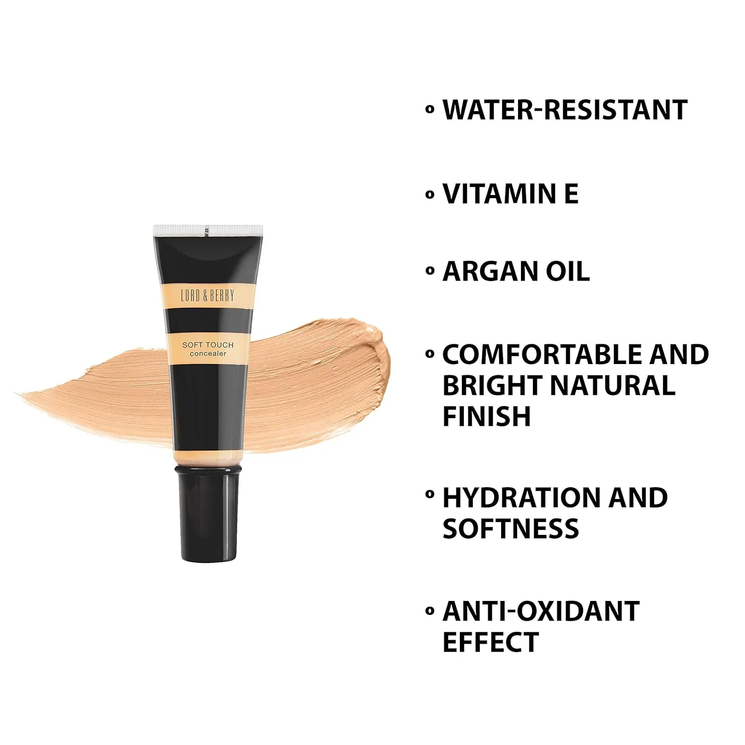 Lord & Berry SOFT TOUCH Fluid Concealer, A Lightweight Medium to Full Coverage Water Resistant Concealer With Natural Matte Finish Enriched With Raspberry Oil, Vitamin E and Argan Oil