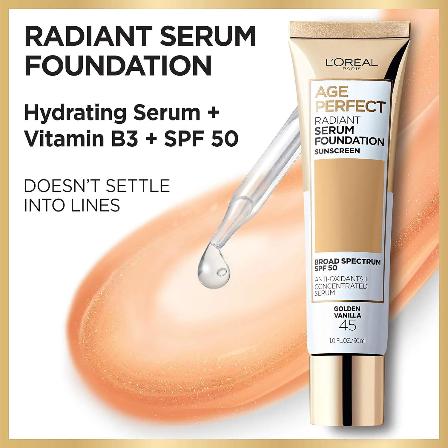 L'Oreal Paris Age Perfect Radiant Serum Foundation with SPF 50, Golden Ivory, 1 Ounce