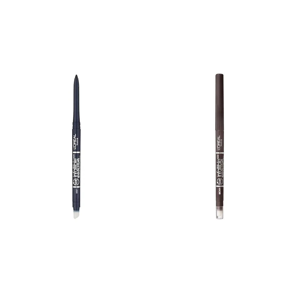 L'Oreal Paris Infallible Never Fail Mechanical Pencil Eyeliner Bundle with Built in Sharpener, Navy 0.008 oz. and Brown 0.008 oz.