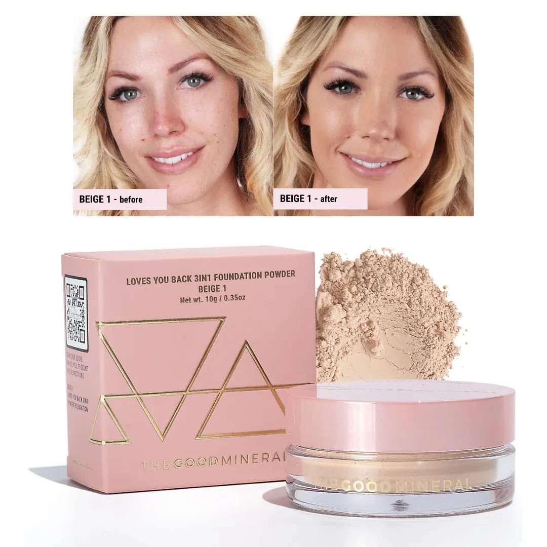 Loves-You-Back 3in1 Mineral Powder Foundation (BEIGE 1) | Designed for Rosacea, Acne-Prone, Sensitive Skin | 3IN1 Concealer, Powder   Foundation | Non-Caking, Non-Drying