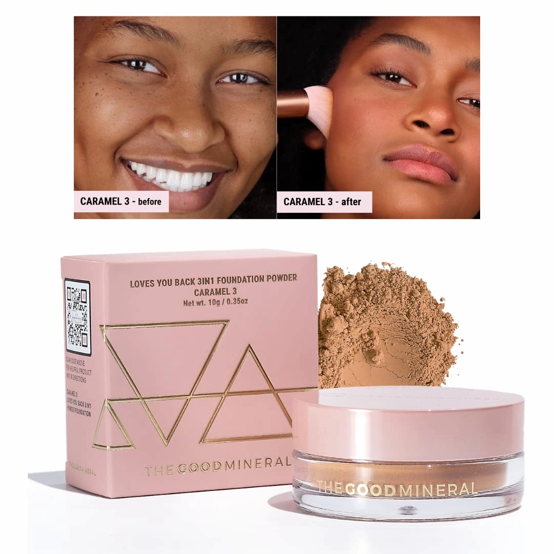 Loves-You-Back 3in1 Mineral Powder Foundation (CARAMEL 3) | Designed for acne-prone, sensitive skin for Natural Coverage with calming Zinc Oxide   Kaolin Clay | Vegan   Cruelty Free