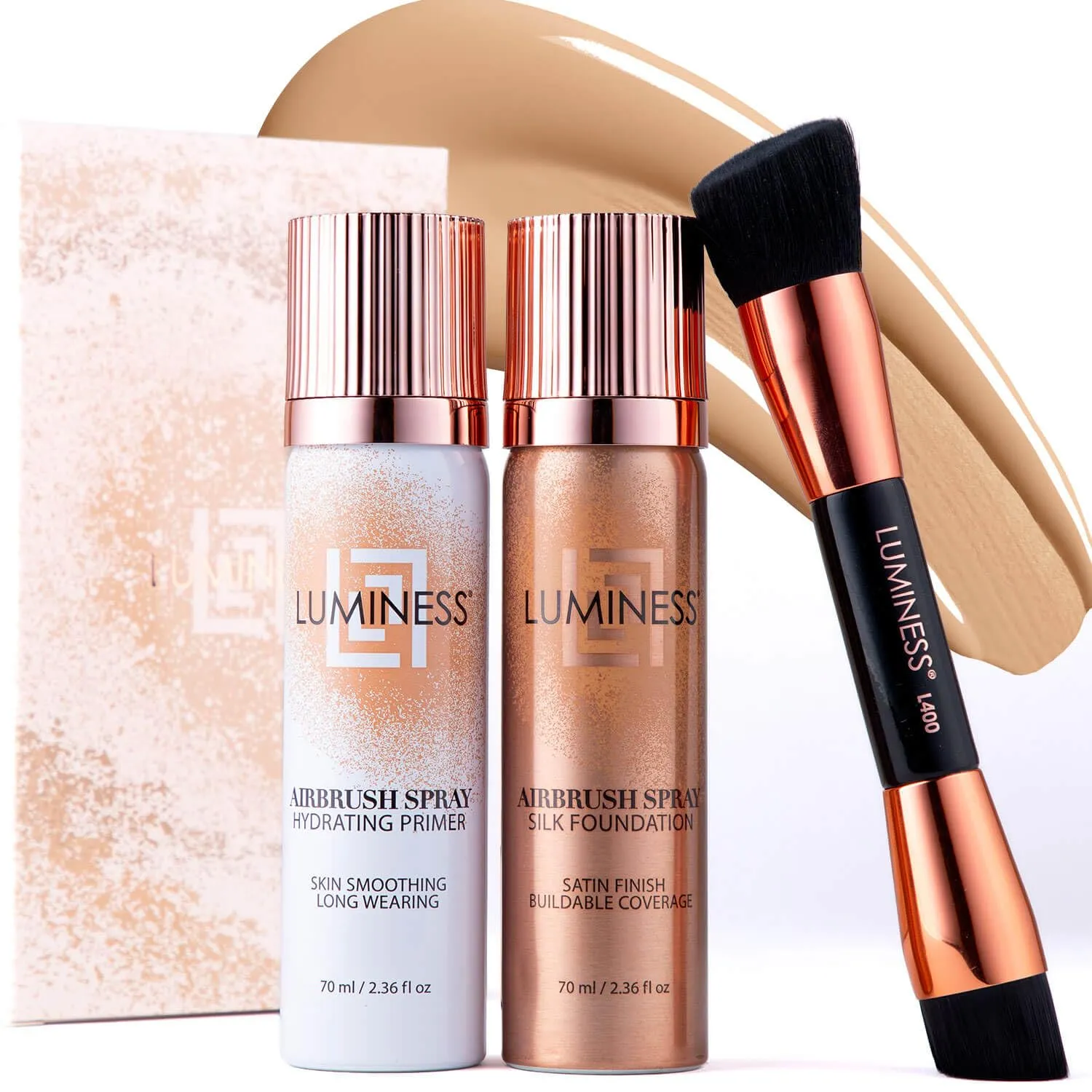 LUMINESS Airbrush Flawless 4-PC Makeup Kit - Includes Eyeshadow Palette, Airbrush Foundation, Primer & Makeup Brushes - Long-Lasting, Silky, Easy to Blend Make Up Set, Travel Size (03 - Light Medium)
