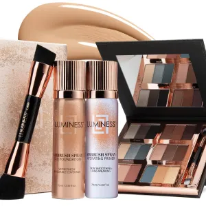 LUMINESS Airbrush Flawless 4-PC Makeup Kit - Includes Eyeshadow Palette, Airbrush Foundation, Primer & Makeup Brushes - Long-Lasting, Silky, Easy to Blend Make Up Set, Travel Size (03 - Light Medium)