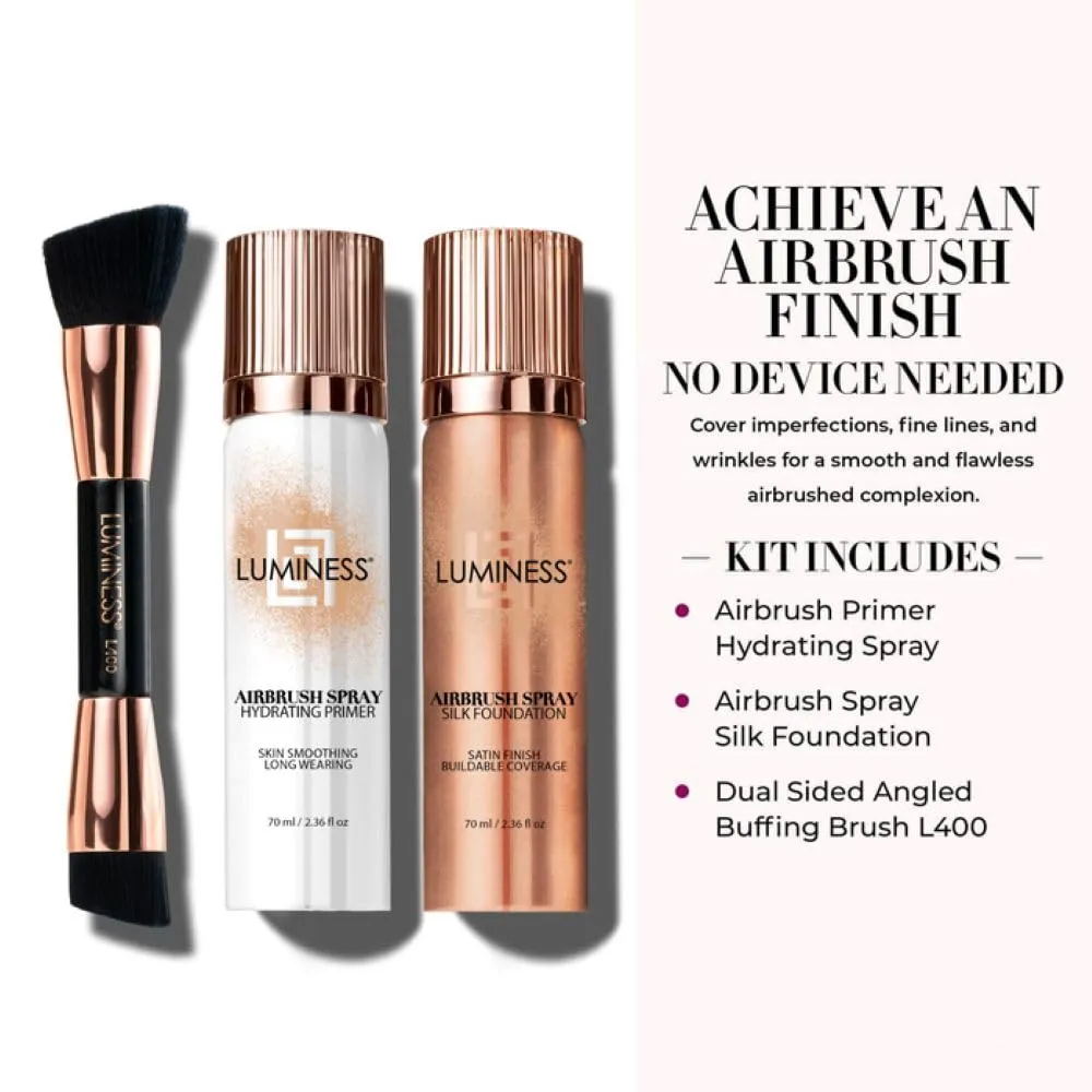 LUMINESS Airbrush Flawless 4-PC Makeup Kit - Includes Eyeshadow Palette, Airbrush Foundation, Primer & Makeup Brushes - Long-Lasting, Silky, Easy to Blend Make Up Set, Travel Size (05 - Medium Warm)