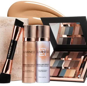LUMINESS Airbrush Flawless 4-PC Makeup Kit - Includes Eyeshadow Palette, Airbrush Foundation, Primer & Makeup Brushes - Long-Lasting, Silky, Easy to Blend Make Up Set, Travel Size (05 - Medium Warm)