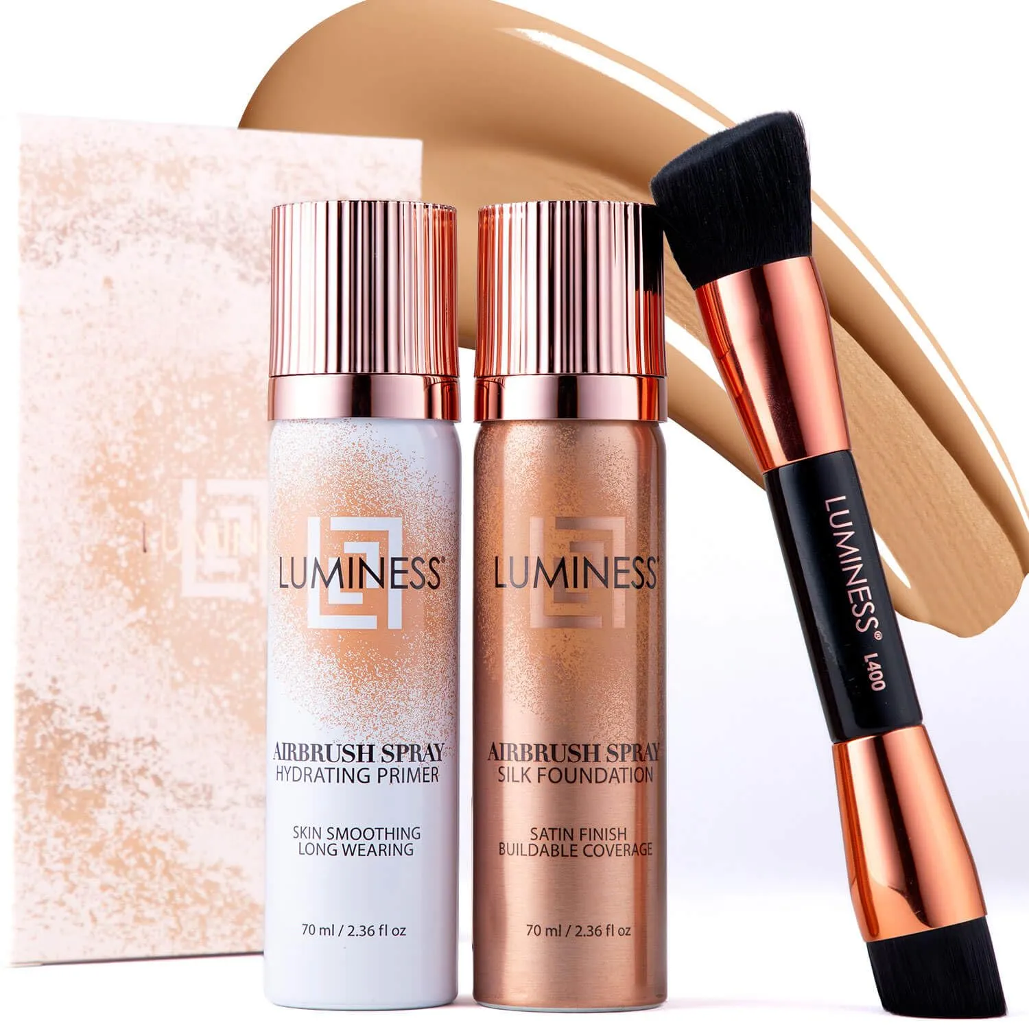 LUMINESS Airbrush Flawless 4-PC Makeup Kit - Includes Eyeshadow Palette, Airbrush Foundation, Primer & Makeup Brushes - Long-Lasting, Silky, Easy to Blend Make Up Set, Travel Size (05 - Medium Warm)