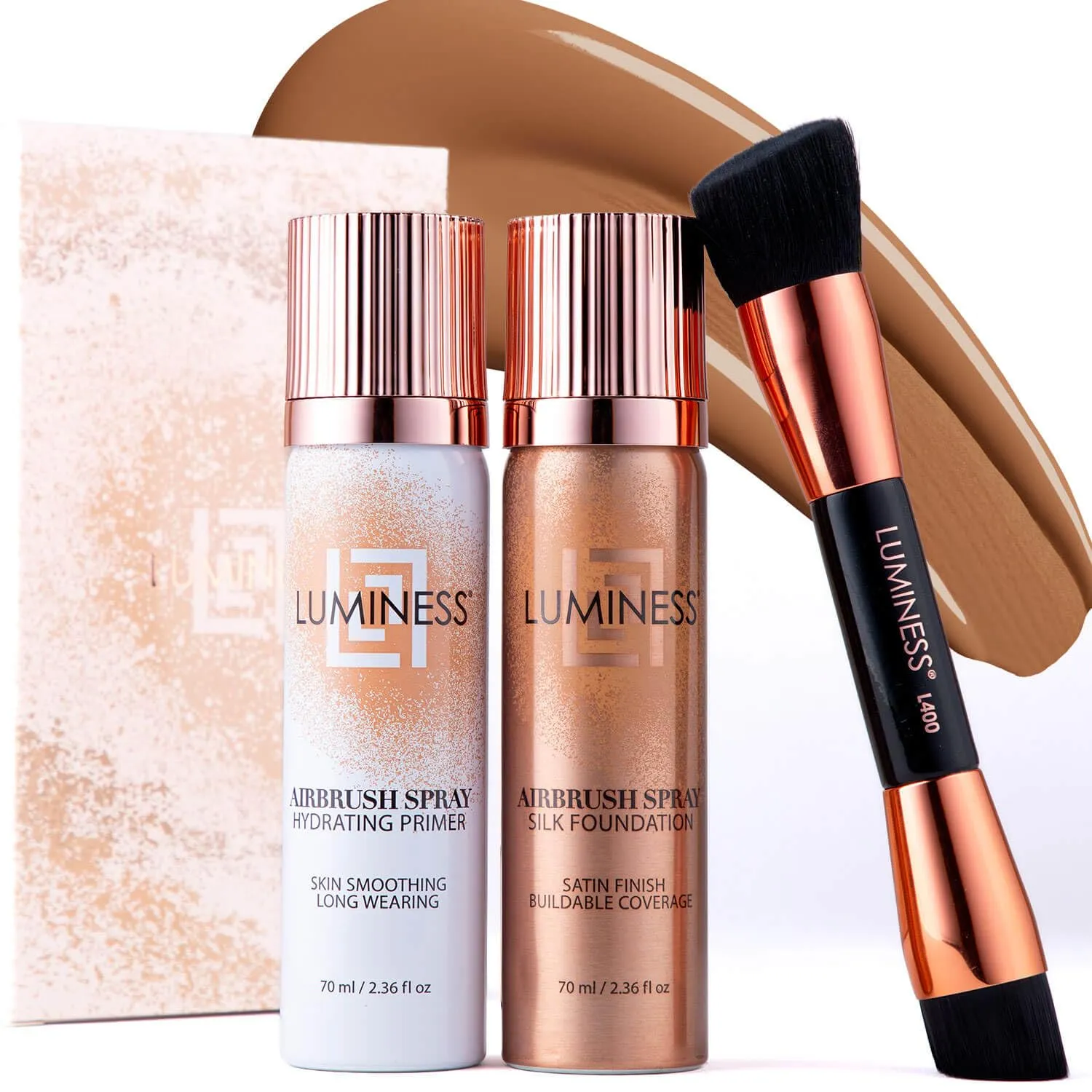LUMINESS Airbrush Flawless 4-PC Makeup Kit - Includes Eyeshadow Palette, Airbrush Foundation, Primer & Makeup Brushes - Long-Lasting, Silky, Easy to Blend Make Up Set, Travel Size (10 - Tan)