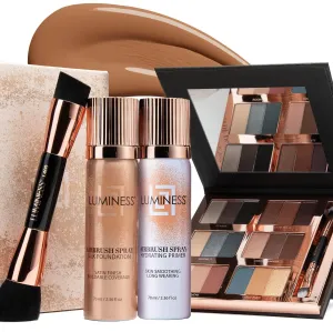 LUMINESS Airbrush Flawless 4-PC Makeup Kit - Includes Eyeshadow Palette, Airbrush Foundation, Primer & Makeup Brushes - Long-Lasting, Silky, Easy to Blend Make Up Set, Travel Size (10 - Tan)