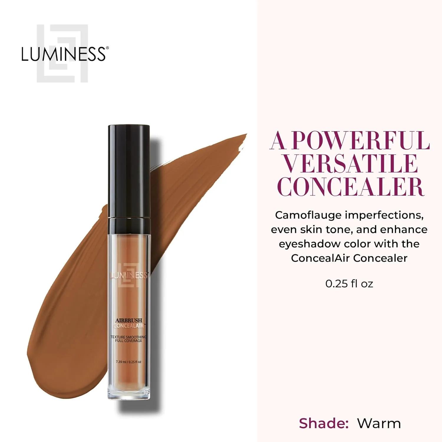 LUMINESS Under Eye Concealer for Dark Circles, ConcealAir (Warm Tan) - Weightless Coverage & Crease-Resistant Makeup Concealer to Even Out Skin Tones & Help Reduce Dark Spots & Blemishes - 0.25 fl oz