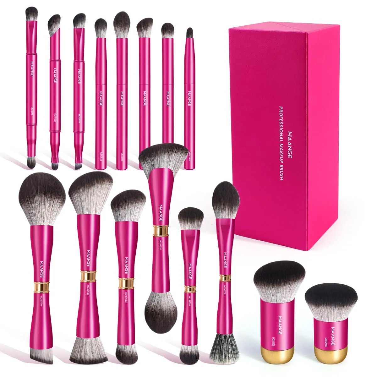 MAANGE 16 Pcs Dual-Ended Makeup Brushes with Aluminum Handles – Complete Travel Makeup Brushes Set with Case, Includes Eyeshadow, Blush, Foundation, Lip and Concealer Brushes
