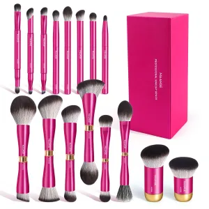 MAANGE 16 Pcs Dual-Ended Makeup Brushes with Aluminum Handles – Complete Travel Makeup Brushes Set with Case, Includes Eyeshadow, Blush, Foundation, Lip and Concealer Brushes