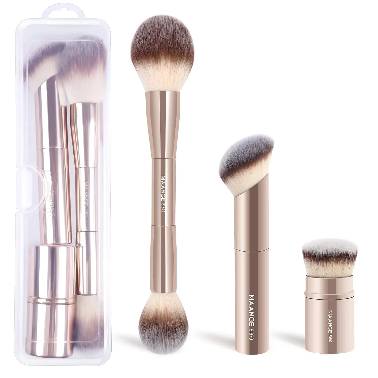 MAANGE 3 PCS Foundation Makeup Brush Set, Double-ended Kabuki Brush for Contour Liquid Powder Concealer Cream Cosmetics Blending Blush Buffing Face Makeup Tools (Gold)