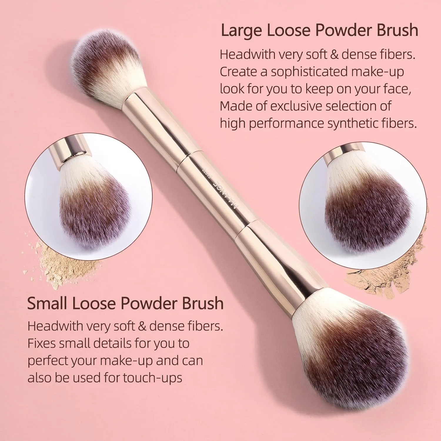 MAANGE 3 PCS Foundation Makeup Brush Set, Double-ended Kabuki Brush for Contour Liquid Powder Concealer Cream Cosmetics Blending Blush Buffing Face Makeup Tools (Gold)