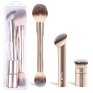MAANGE 3 PCS Foundation Makeup Brush Set, Double-ended Kabuki Brush for Contour Liquid Powder Concealer Cream Cosmetics Blending Blush Buffing Face Makeup Tools (Gold)