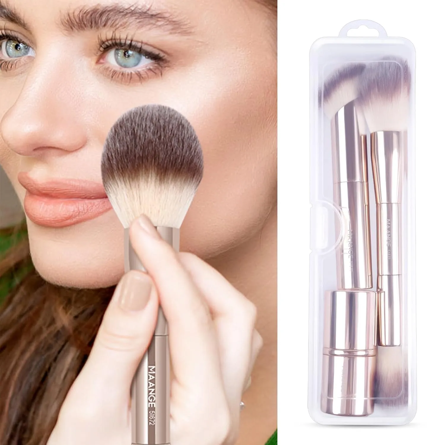 MAANGE 3 PCS Foundation Makeup Brush Set, Double-ended Kabuki Brush for Contour Liquid Powder Concealer Cream Cosmetics Blending Blush Buffing Face Makeup Tools (Gold)