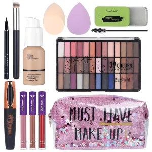 Makeup Set For Women Full Kit - 39 Colors Nude Smokey Eyeshadow Palette, Liquid Foundation   Concealer Brush, Black Mascara Eyeliner Pen, Matte Liquid Lipstick Set, Eyebrow Soap Gel Kit, Makeup Sponges with Makeup Bag Gift Set