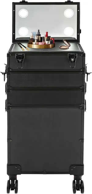 Makeup Train Case, Portable Rolling Trolley Case Makeup Organizer With Lock & Mirror, 5 Tier Large Capacity Makeup Case Organizer With Storage Compartment & 4 LED lights For Make-Up Artists