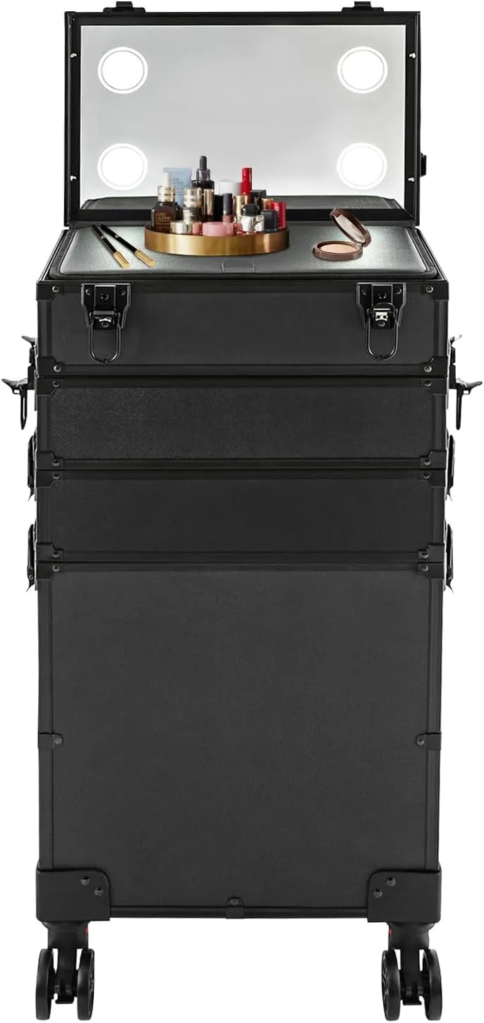 Makeup Train Case, Portable Rolling Trolley Case Makeup Organizer With Lock & Mirror, 5 Tier Large Capacity Makeup Case Organizer With Storage Compartment & 4 LED lights For Make-Up Artists