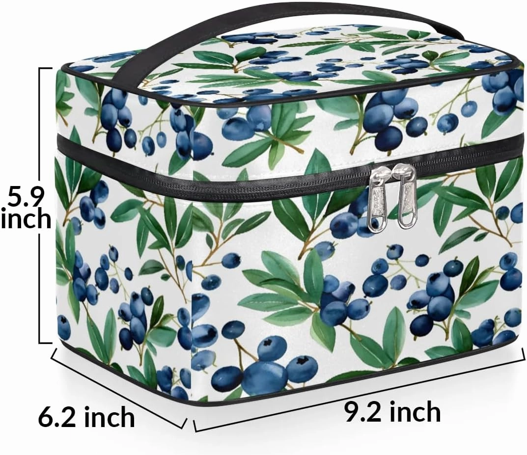 Makeup Bag Large Blueberries Fruits Toiletry Bag for Women Travel Cosmetic Bag Portable Makeup Bag for Bottles Brushes Lipstick Skin Care