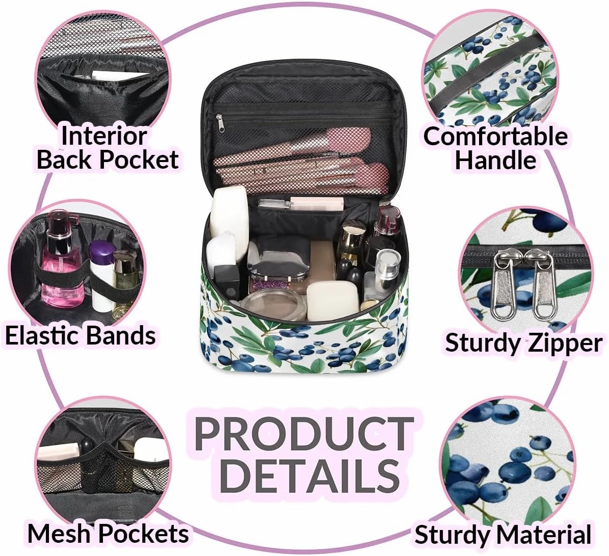 Makeup Bag Large Blueberries Fruits Toiletry Bag for Women Travel Cosmetic Bag Portable Makeup Bag for Bottles Brushes Lipstick Skin Care