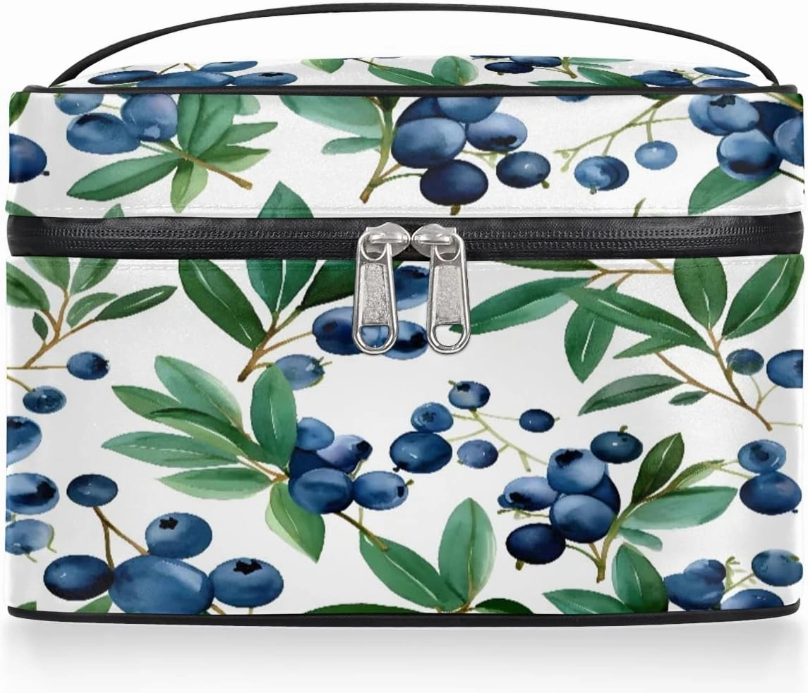Makeup Bag Large Blueberries Fruits Toiletry Bag for Women Travel Cosmetic Bag Portable Makeup Bag for Bottles Brushes Lipstick Skin Care