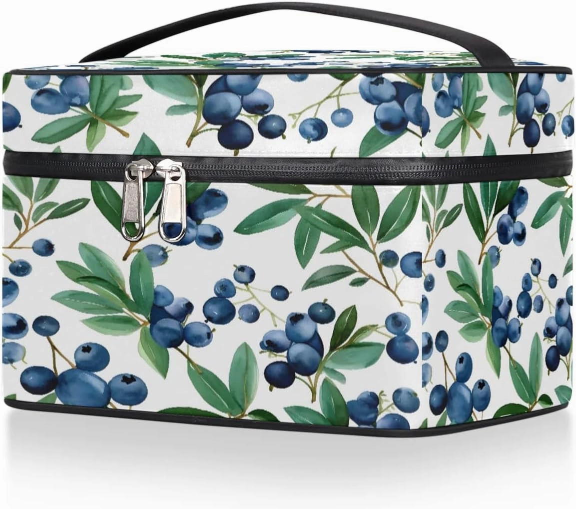 Makeup Bag Large Blueberries Fruits Toiletry Bag for Women Travel Cosmetic Bag Portable Makeup Bag for Bottles Brushes Lipstick Skin Care