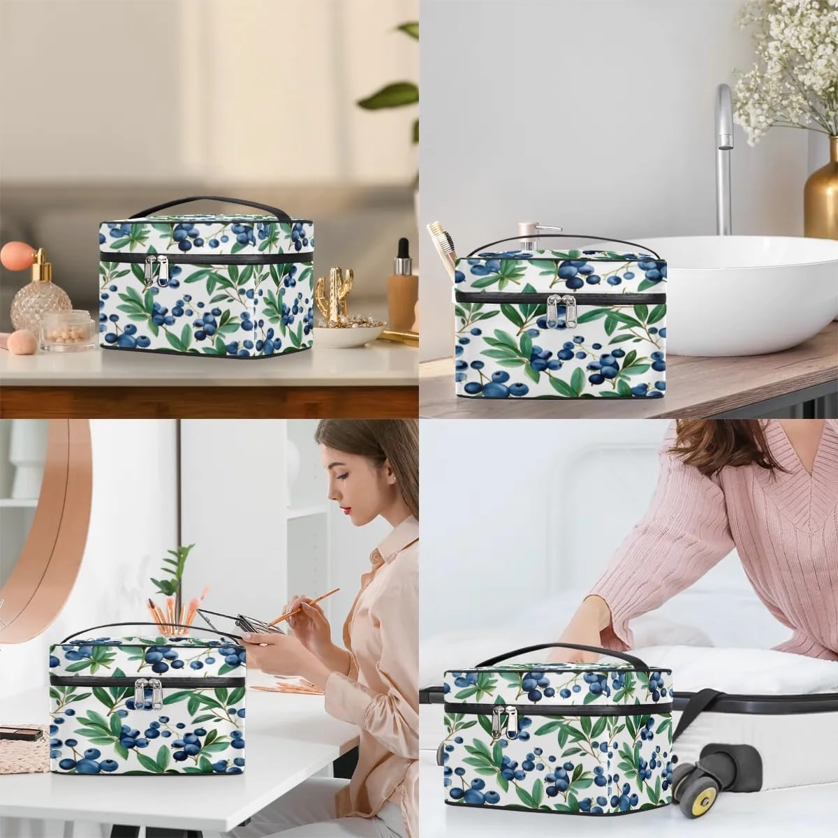 Makeup Bag Large Blueberries Fruits Toiletry Bag for Women Travel Cosmetic Bag Portable Makeup Bag for Bottles Brushes Lipstick Skin Care