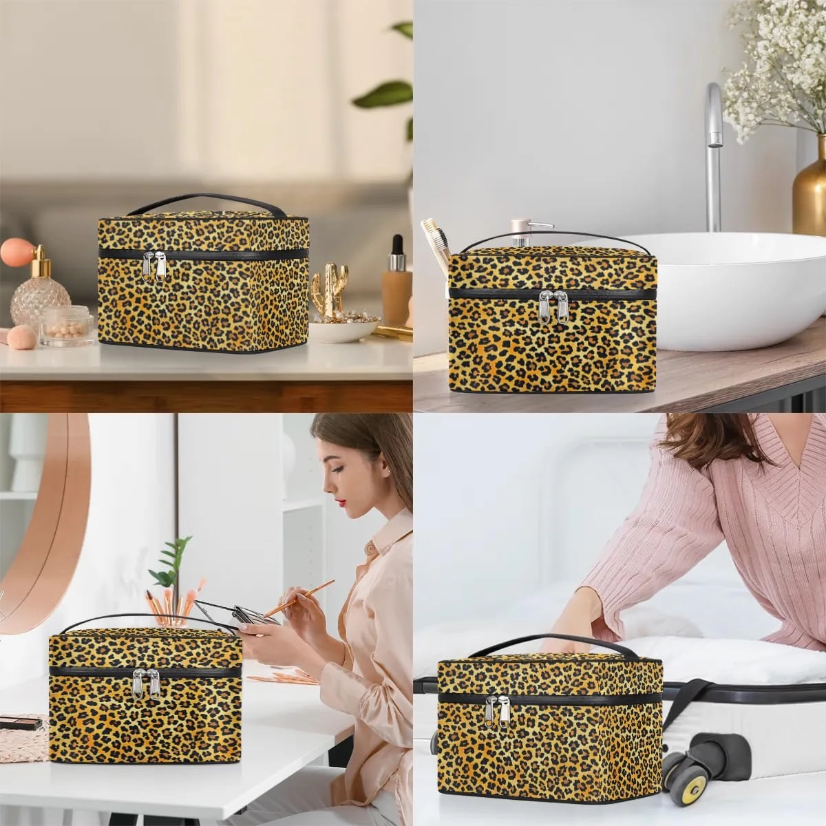 Makeup Bag Large Classic Leopards Print Toiletry Bag for Women Travel Cosmetic Bag Portable Makeup Bag for Bottles Brushes Lipstick Skin Care