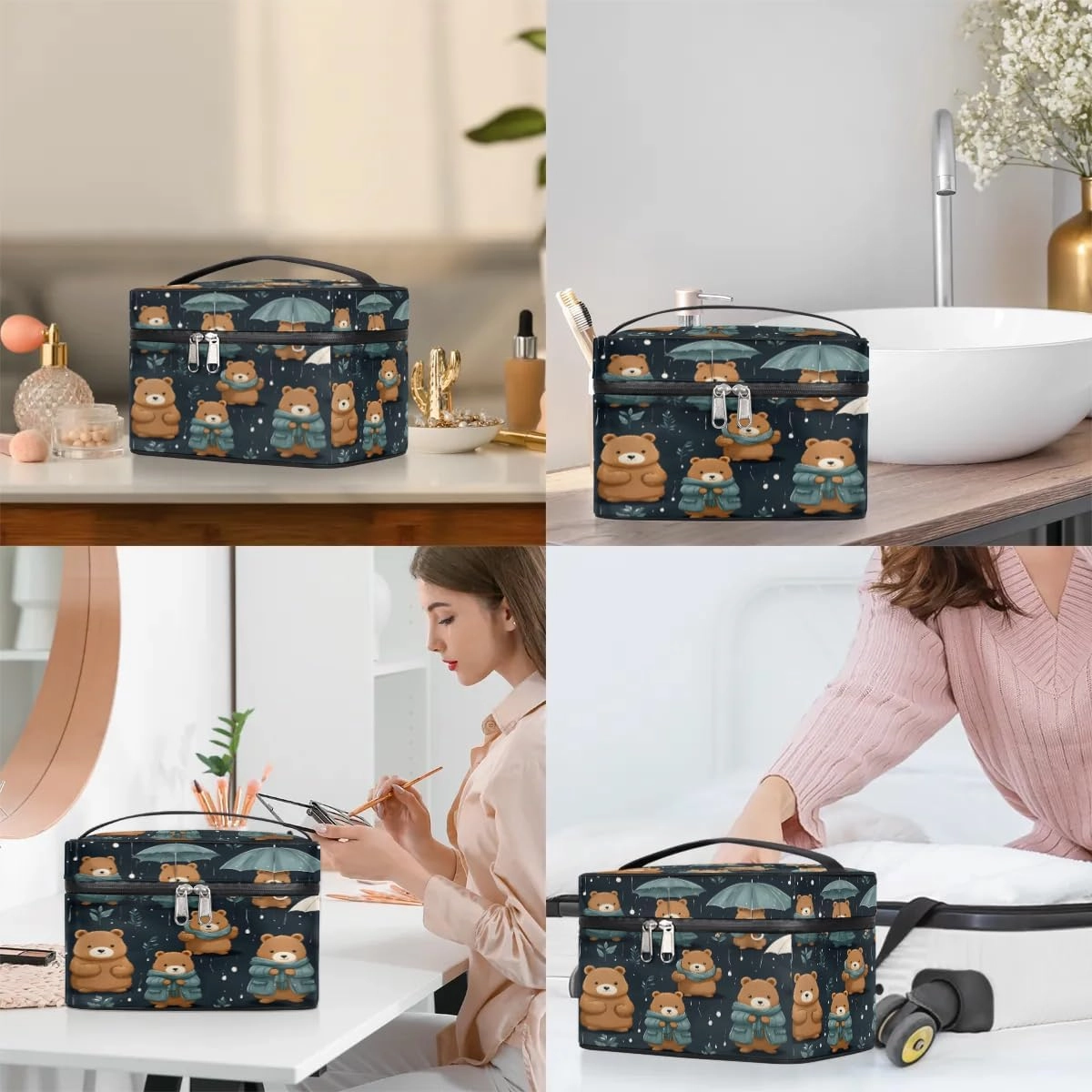 Makeup Bag Large Cute Bears Toiletry Bag for Women Travel Cosmetic Bag Portable Makeup Bag for Bottles Brushes Lipstick Skin Care