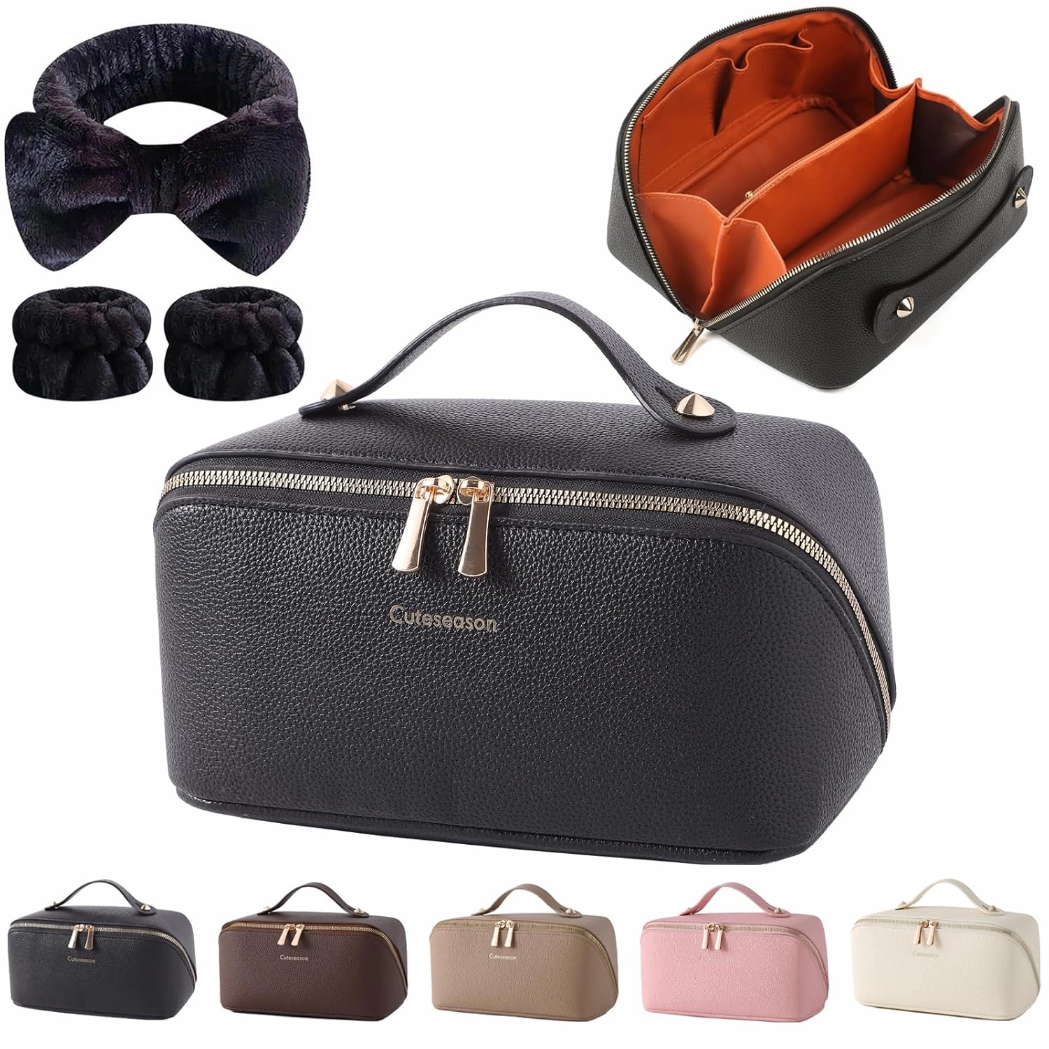 Makeup Bag, Travel Toiletry Bag for Women, Large Capacity Waterproof PU Leather Cosmetic Bags Make Up Organizer Bags with Headband and Wristband Set (Black, Lychee Pattern)