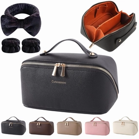 Makeup Bag, Travel Toiletry Bag for Women, Large Capacity Waterproof PU Leather Cosmetic Bags Make Up Organizer Bags with Headband and Wristband Set (Black, Lychee Pattern)