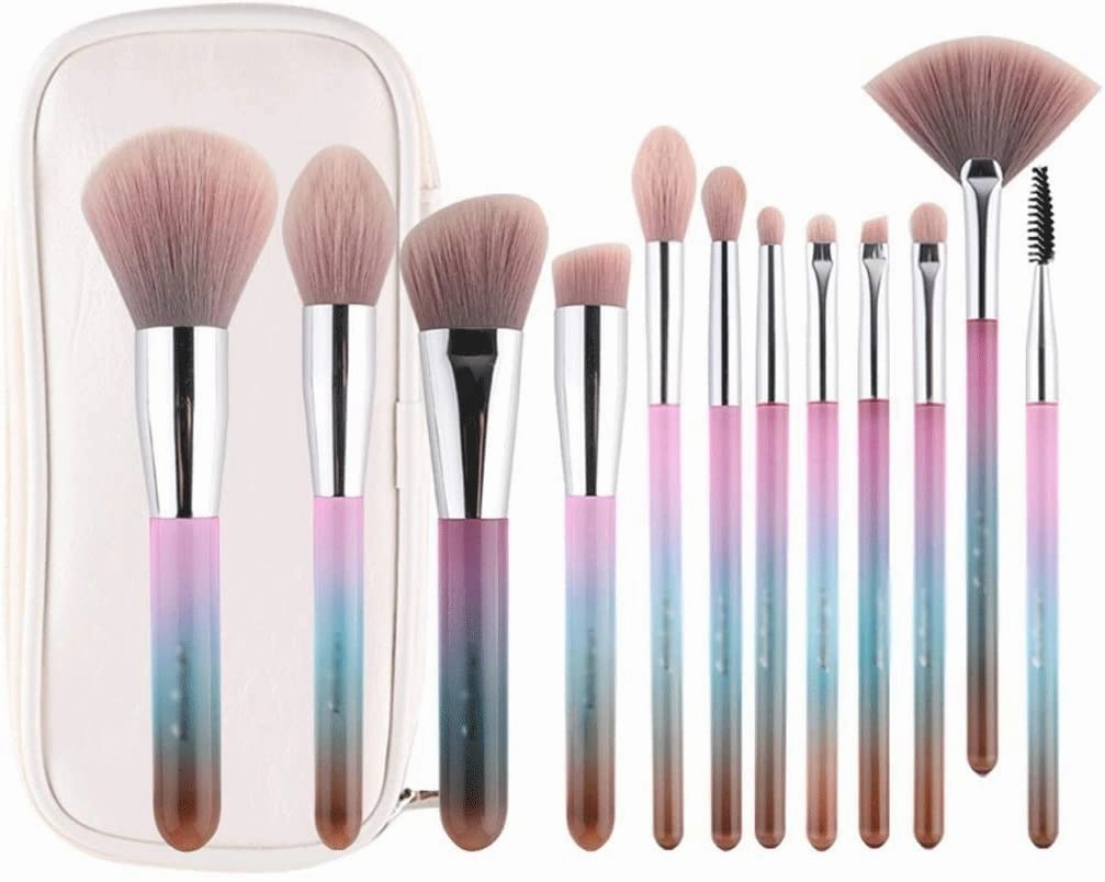 Makeup Brush Set 12 Piece Essential Make-up Brushes Kit for Powder Liquid Cream Cosmetics Blending Blush Concealer Brushes Transparent Handle with Bag Ideal gift
