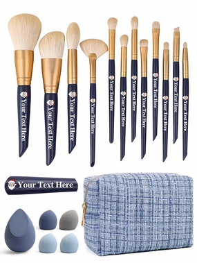 Makeup Brush Set Personalized 18 Pcs Makeup Brushes with Bag, Customizable Make Up Brushes with Your Text Logo, Premium Synthetic Foundation Powder Concealers Eye shadows Blush Makeup Brushes (Blue)