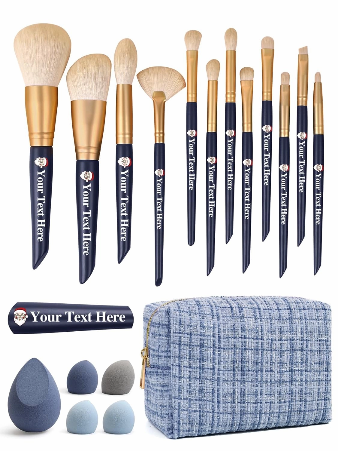Makeup Brush Set Personalized 18 Pcs Makeup Brushes with Bag, Customizable Make Up Brushes with Your Text Logo, Premium Synthetic Foundation Powder Concealers Eye shadows Blush Makeup Brushes (Blue)