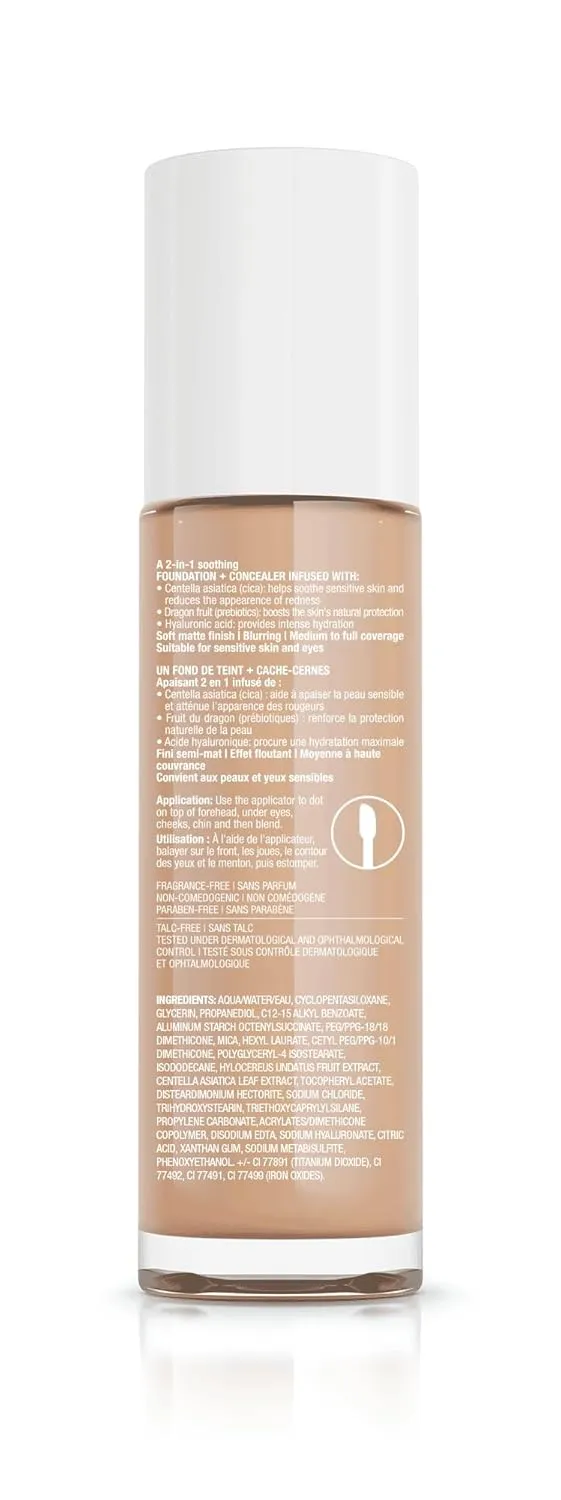 Marcelle Skincaring 2-in-1 Soothing Foundation   Concealer, Ivory, with Hyaluronic Acid, Medium Coverage, Matte Finish, Oil-Free, Cruelty-Free, Fragrance-Free, Hypoallergenic, 30 mL