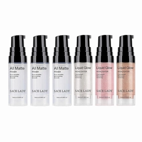 Matte Pore Face Primer 3pcs & Shimmer Highlighter Makeup Glow Illuminator 3pcs, Ultra-smooth Soft Lightweight Pore Minimizer and Liquid Highlighter Face Cosmetic Set