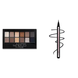 MAYBELLINE 12 Shade Nudes Eyeshadow Palette and No-Skip Liquid Eyeliner Pen Makeup Bundle