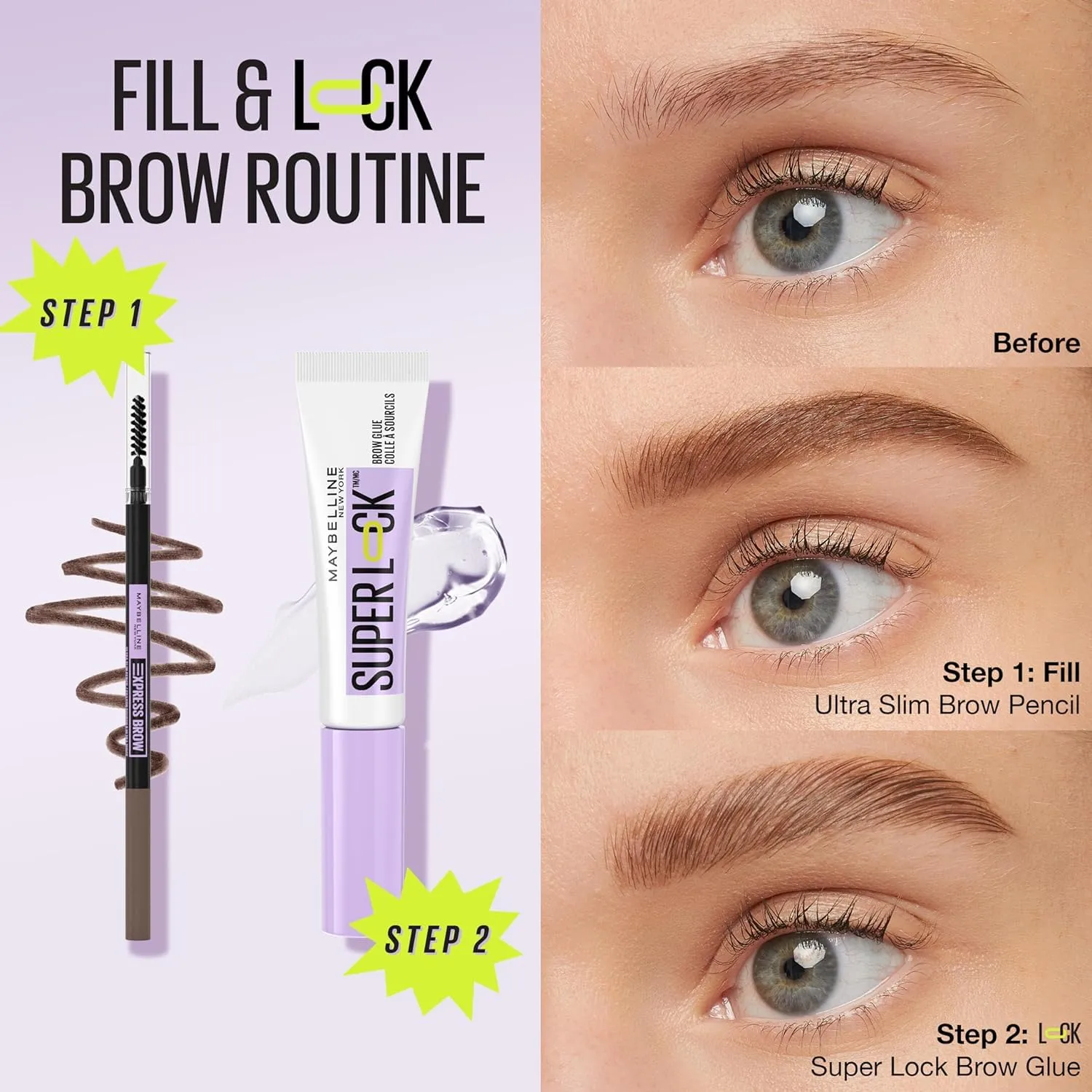 Maybelline Express Brow Ultra Slim Medium Brown Eyebrow Pencil and Super Lock Clear Brow Gel Bundle, Includes 1 Pencil and 1 Gel for Sculpted Brows