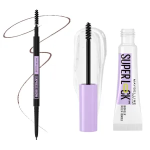 Maybelline Express Brow Ultra Slim Medium Brown Eyebrow Pencil and Super Lock Clear Brow Gel Bundle, Includes 1 Pencil and 1 Gel for Sculpted Brows