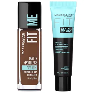 Maybelline Fit Me Matte   Poreless Liquid Foundation   Fit Me Mattifying Primer Makeup Bundle, Includes 1 Foundation in Java and 1 Primer