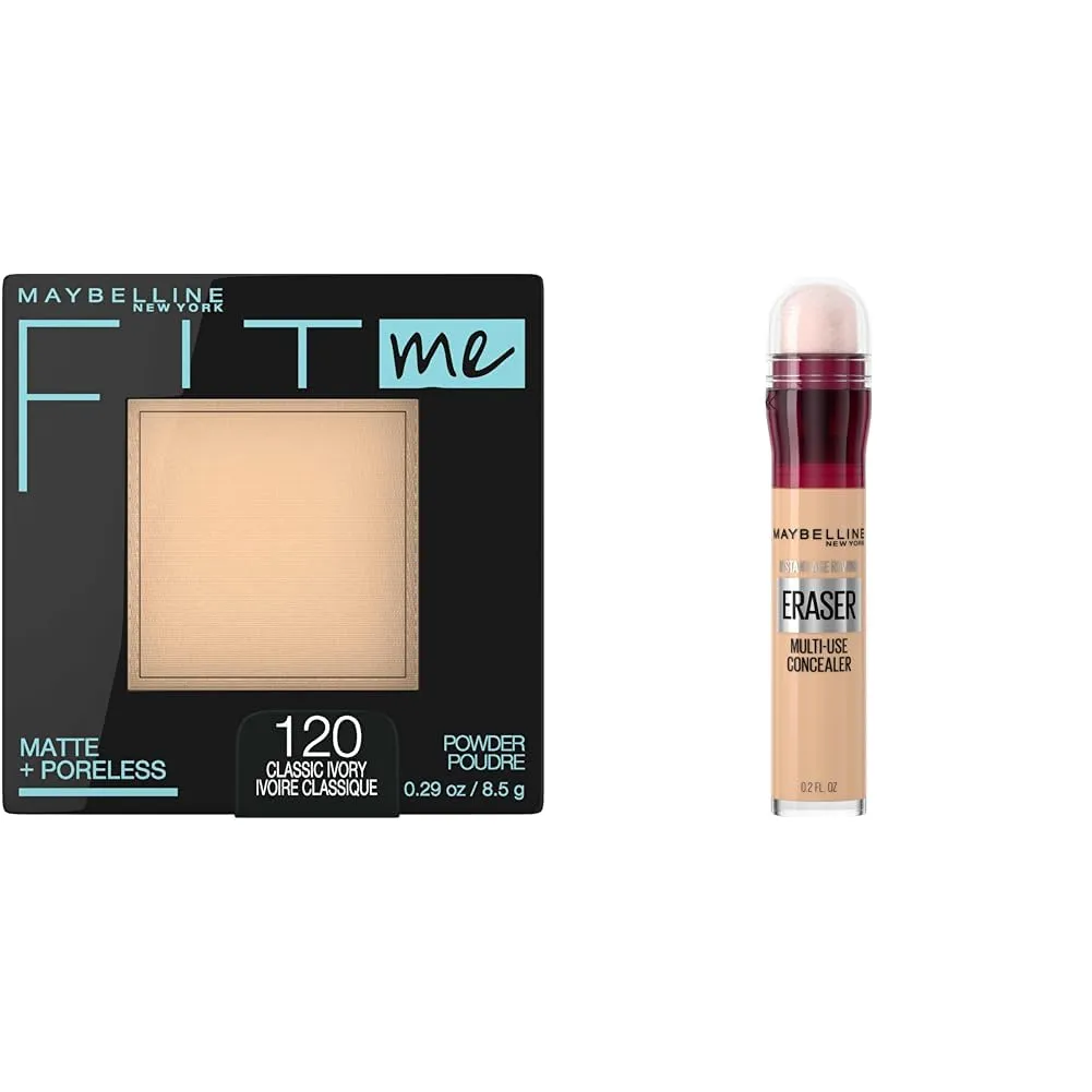 Maybelline Fit Me Matte   Poreless Pressed Face Powder Makeup & Setting Powder, Classic Ivory, 1 Count & Instant Age Rewind Eraser Dark Circles Treatment Multi-Use Concealer, 120, 1 Count