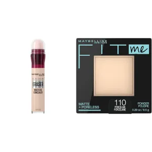 Maybelline Instant Age Rewind Dark Circles Concealer 110 Count & Fit Me Pressed Powder Porcelain