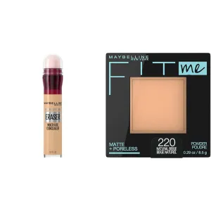 Maybelline Instant Age Rewind Eraser Dark Circles Treatment Multi-Use Concealer, 122, 1 Count (Packaging May Vary) & Fit Me Matte   Poreless Pressed Face Powder Makeup & Setting Powder, Natural Beige