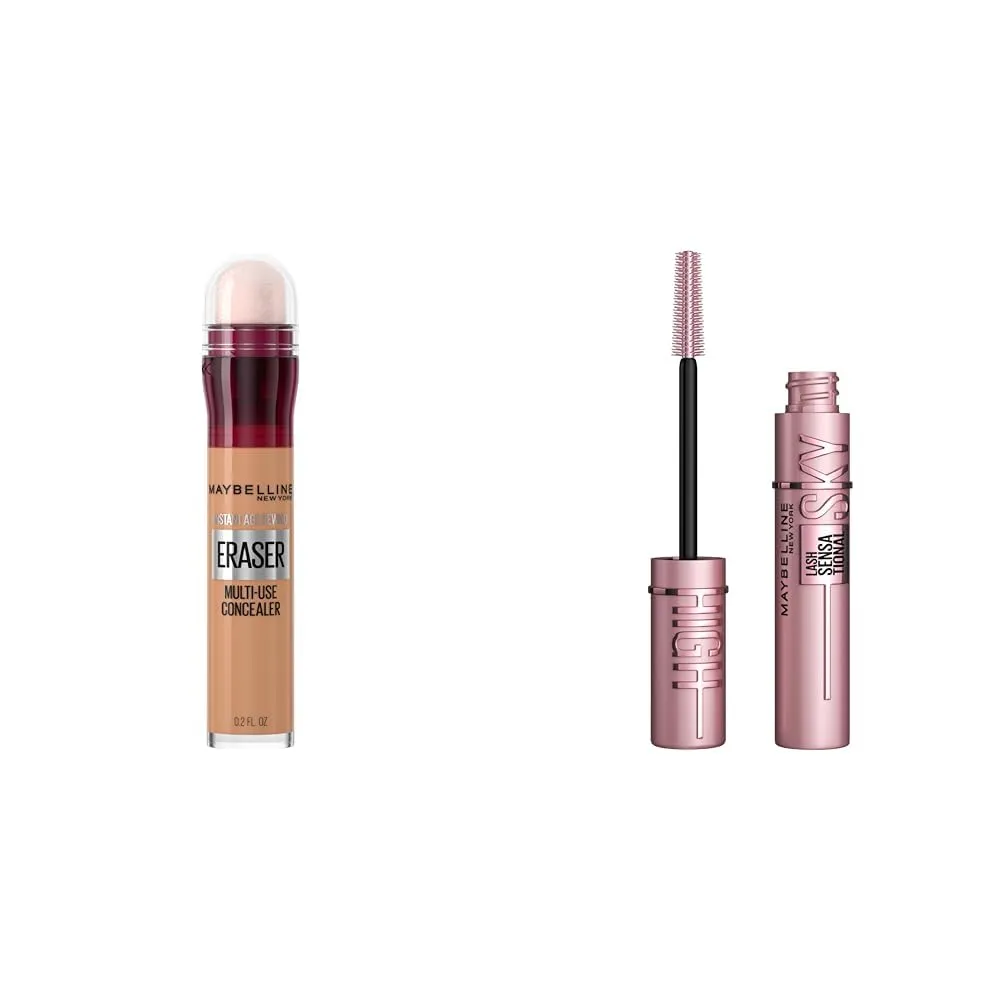Maybelline Instant Age Rewind Eraser Dark Circles Treatment Multi-Use Concealer, 130, 1 Count (Packaging May Vary) & Lash Sensational Sky High Washable Mascara Makeup, Volumizing, Lengthening