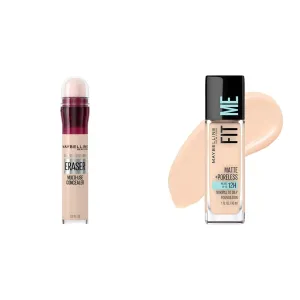 Maybelline Instant Age Rewind Eraser Dark Circles Treatment Multi-Use Concealer,110 & Fit Me Matte   Poreless Liquid Oil-Free Foundation Makeup, Natural Ivory